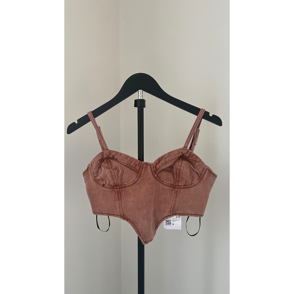 Forever 21 Women Brown Denim Corset Bustier Top Handkerchief Hem Small NEW